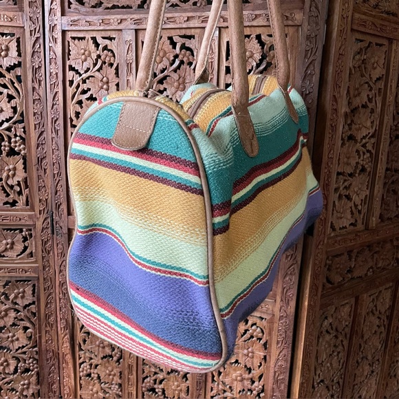 VINTAGE Baja blanket style woven cotton and leather Tote Bag - Picture 4 of 8